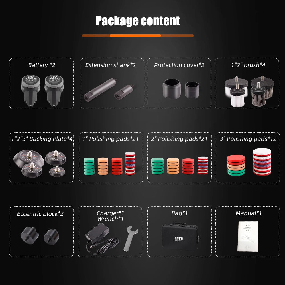 SPTA Cordless 12V Mini Car Polisher RO/DA Portable Handle Machine 1/2/3 Inch Pads Kit for Auto Detailing Waxing Polishing