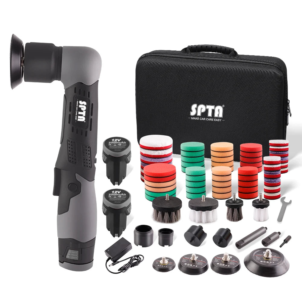 SPTA Cordless 12V Mini Car Polisher RO/DA Portable Handle Machine 1/2/3 Inch Pads Kit for Auto Detailing Waxing Polishing
